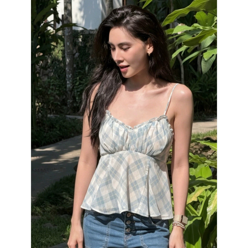 Zara Summer Forest Style Plaid Camisole Top